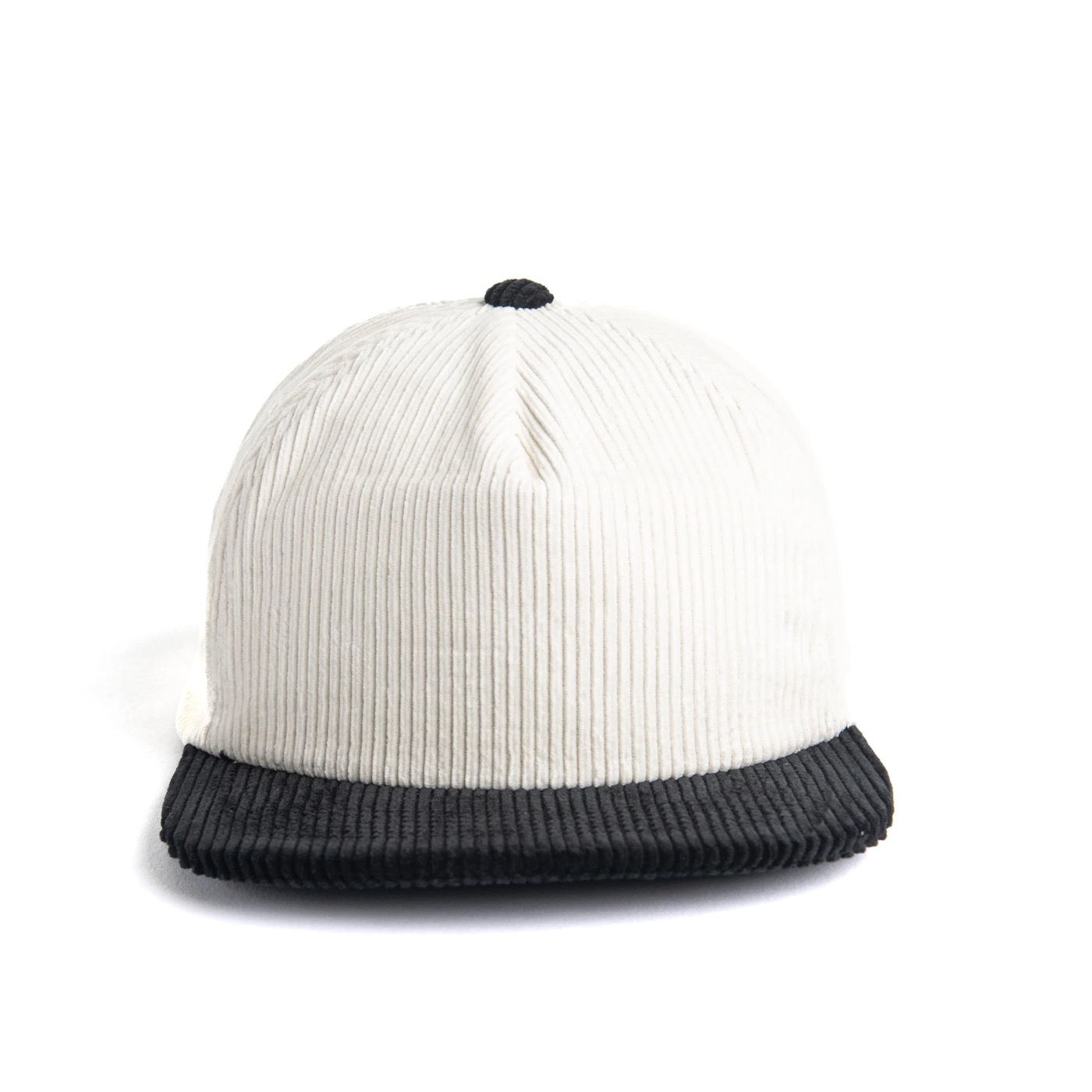The A500C corduroy hat in bone with a black corduroy brim and top button, front view on a white ground