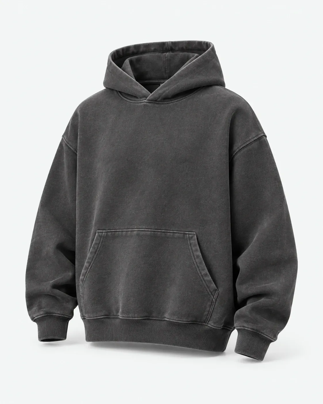 Concept garment: a washed charcoal heavyweight pullover hoodie from the front