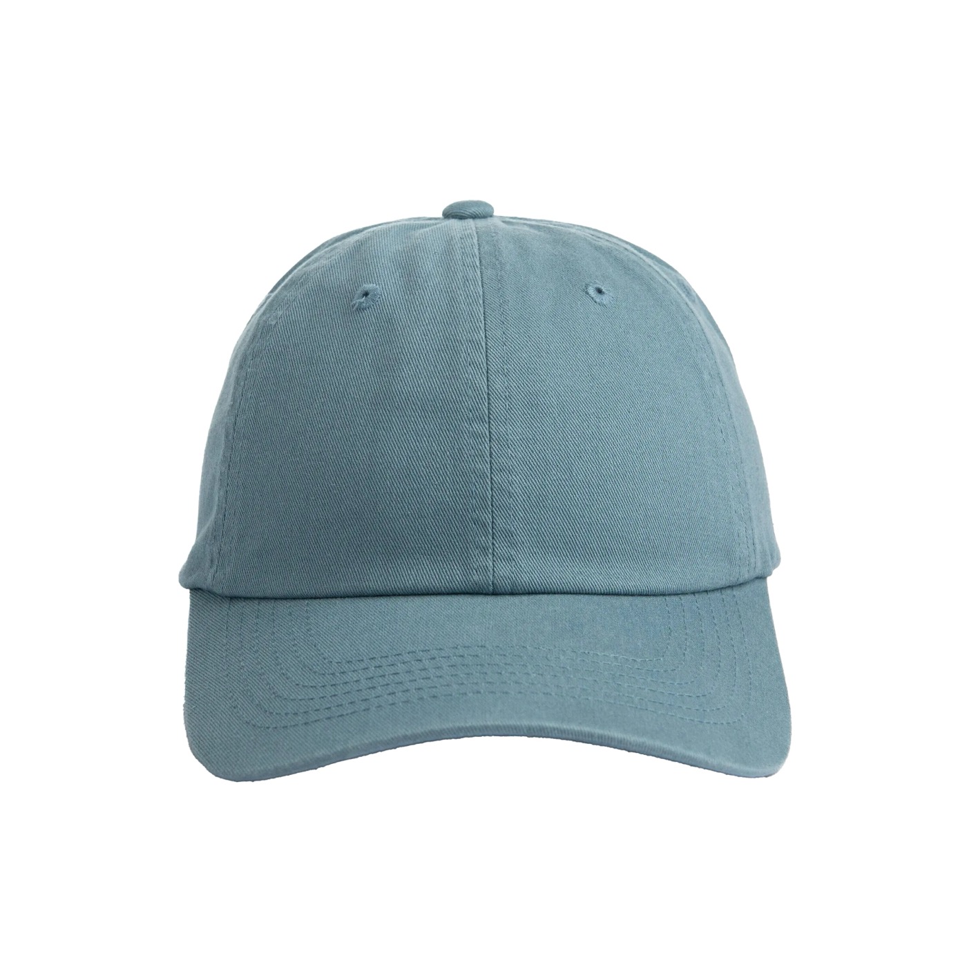 The A601 dad hat in dusty blue cotton twill, front view on a white ground