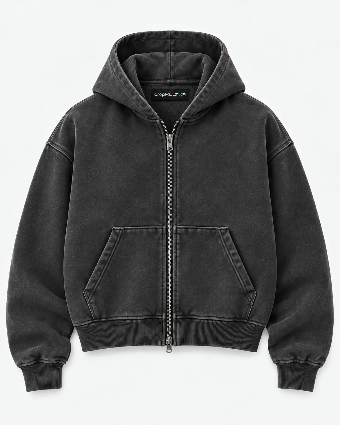 Concept garment: a cropped washed charcoal zip hoodie with a two-way zip and kangaroo pockets, branded only on the neck label